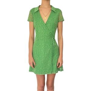 Urban Outfitters UO Green Wrap Dress Mesh XS Floral V-neck Reformation like Mini